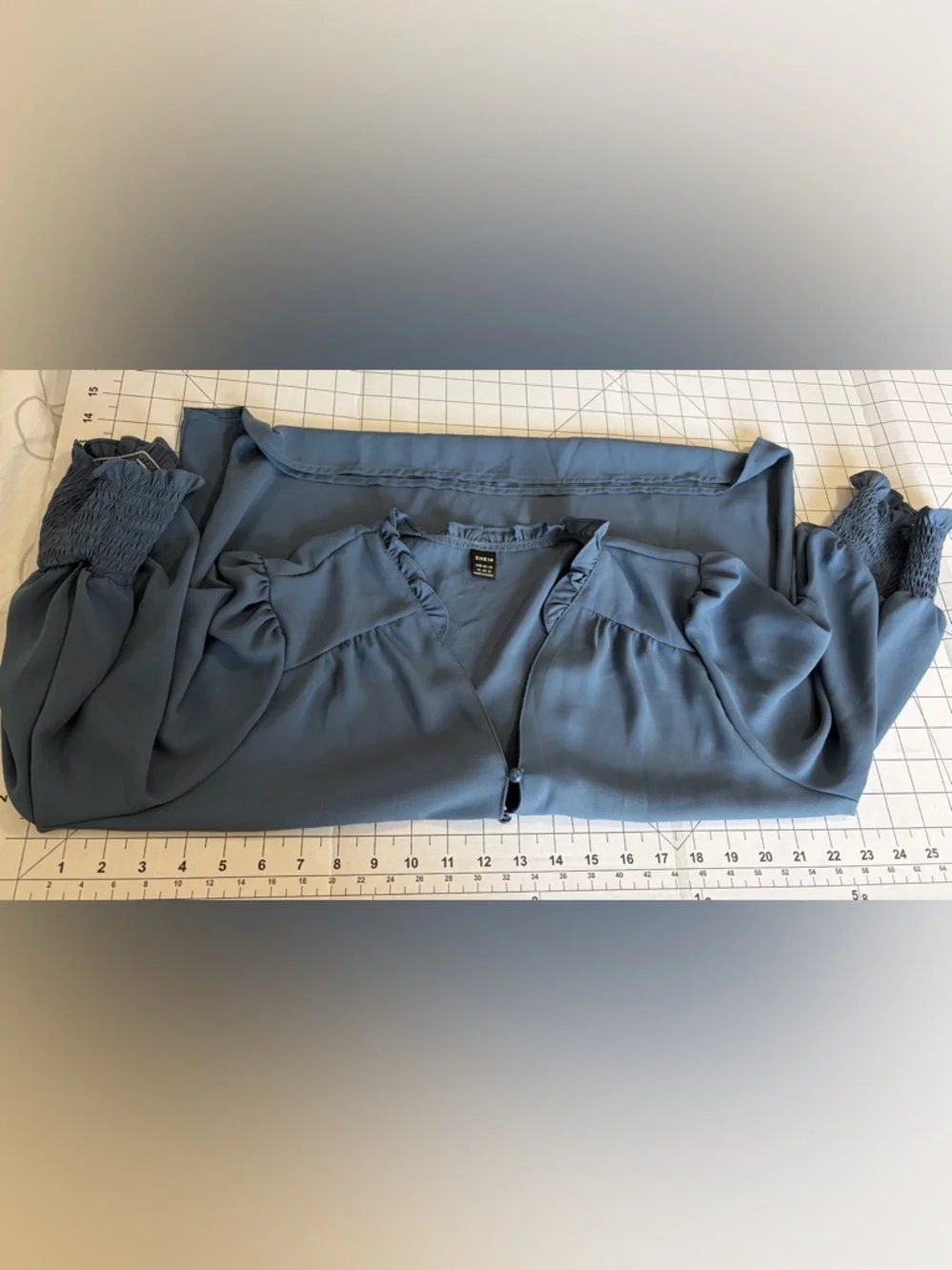 Shein Dusty Blue Ruffle-Trim Smocked Cuff Blouse - Picture 2 of 3